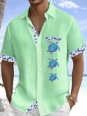 cheap Vacation-Men&#039;s Shirt Linen Shirt Summer Shirt Beach Shirt Button Up Shirt Turtle Vacation Holiday White Pink Sky Blue Green Short Sleeve Turndown Summer Clothing Apparel Front Pocket
