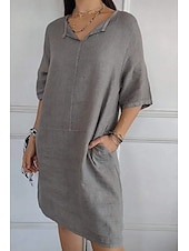 abordables concevoir des robes en coton et lin-Femmes Mini Robe Robes en coton et lin Robe Décontractée Robe d&#039;été Basique Moderne Quotidien Week-end Coupe régulière Uni Manche 3/4 Col en V Noir Blanche Marron Gris Été