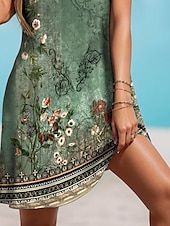 abordables Robes Boho-Femmes Mini Robe Robe Décontractée Robe T-Shirt Robe d&#039;Été Robe trapèze Vacances Occasionnel Boho Fête Plage Coupe régulière Fleuri Graphique Manche Courte Col en V Vert cendré Été Printemps