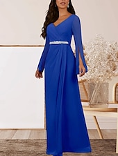 preiswerte Bodenlänge-A-Linie Brautmutterkleid Hochzeitsgast Elegant V Ausschnitt Bodenlang Chiffon Langarm mit Kristalle Raffung 2025