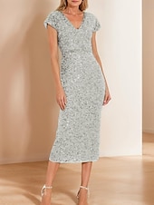 abordables Longueur du thé-Robe fourreau/colonne en dentelle à paillettes vert bleu pour mère de la mariée, élégante, simple et luxueuse, col en V, longueur thé, longueur midi, tulle, manches courtes, 2025