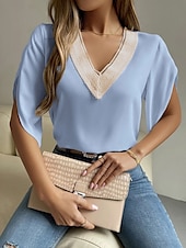 preiswerte Damen Einfache Oberteile-Damen Bluse Einfach Stilvoll Basic Lässig Kurzarm V Ausschnitt Normale Oberteile Täglich Spitze Patchwork Knöpfe Schwarz Rosa Blau Sommer