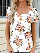 tanie koszulka w kwiaty-Damskie Podkoszulek Kwiaty Moda Nowoczesny Codzienny Krótki rękaw Kwadratowy dekolt Zwykłe topy Codzienny Weekend Biały Wino Niebieski Zielony Lato