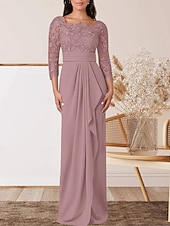 levne Délka podlahy-Sloupec  Sloupové šaty matky nevěsty Svatební Host Elegantní Čtvercový Krk Délka Podlahy Chiffon Krajka 3/4 Dlouhý Rukáv s Krajkovým Páskem  Stuhou Krepováním