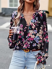 billige Boho topper-Dame Boho skjorte Bluse Blomsternål i krystall Moderne Bohem Langermet V-hals Vanlige topper Daglig Ut på byen Trykt mønster Svart Navyblå Blå Aprikos Sommer