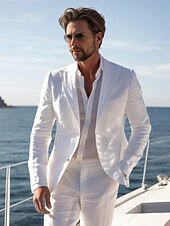 cheap Beach Suits-Men&#039;s Casual Linen Suits White Daily Lightweight Summer Half Lined Solid Colored Standard Fit 2 Piece Single Breasted Two-buttons