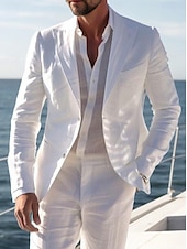 cheap Beach Suits-Men&#039;s Casual Linen Suits White Daily Lightweight Summer Half Lined Solid Colored Standard Fit 2 Piece Single Breasted Two-buttons