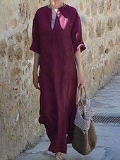 preiswerte Kleider-Damen Langes Kleid Maxikleid Baumwoll-Leinenkleid Klassisch Modern Urlaub Täglich Ferien Normale Passform Einfach Halbarm V Ausschnitt Schwarz Weiß Wein Dunkelgray Sommer