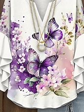 economico Top Floreali-Blusa da Donna con Maniche a Ruffle a Strati Grafica Floreale Farfalla Bohemia Vintage Tropicale Maniche a 3/4 Collo a V Maglietta Regolare Abbigliamento Estivo Primaverile per Vacanze Stampa Gialla