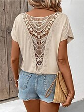 preiswerte Einfarbiges T-Shirt-Damen T-Shirt Einfarbig Einfach Mode Modern Lässig Kurzarm Rundhalsausschnitt Regulär Oberteile Täglich Wochenende Spitze Patchwork Schwarz Weiß Pink Khaki Sommer