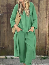 abordables Ensembles-Femmes Actif Chemises en coton et lin Chemisier Ensembles de Pantalons manche longue Col en V Couleur Unie Fête Week-end Noir Blanche Jaune Été Coupe régulière