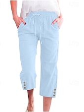 baratos Calça de linho de algodão simples-Mulheres Calças de linho de algodão Calças Capri Calças Moda Roupa de rua Comprimento da panturrilha Natural Tecido Bolsos Design de cordão elástico Confortável Exterior Rua Para Noite clarete Azul