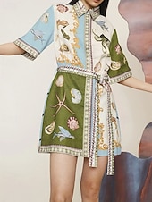 cheap Print Cotton &amp; Linen Dresses-Women&#039;s Mini Dress Cotton Linen Dresses Casual Dress Fashion Outdoor Party Holiday Regular Fit Animal Short Sleeve Shirt Collar Green Summer