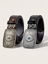 abordables Ceintures pour hommes-Ceinture western en similicuir pour homme avec boucle gravée vintage et pierre précieuse bleue, style cowboy pour rodéo, événements en plein air et tenue décontractée