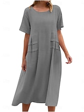 preiswerte Kleider aus Baumwolle und Leinen entwerfen-Damen Midikleid Baumwoll-Leinen-Kleider Freizeitkleid Sommerkleid Klassisch Modern Täglich Wochenende Normale Passform Einfach Kurzarm Rundhalsausschnitt Schwarz Gelb Rosa Königsblau Sommer