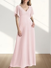 preiswerte Bodenlänge-A-Linie Brautmutterkleid Hochzeitsgast Elegant Süß V Ausschnitt Bodenlang Chiffon Kurzarm mit Raffung 2025
