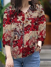 voordelige Dames grafische tops-Dames Overhemd Bloemig Dagelijks Retro vintage Modern Lange mouw Overhemdkraag Normale tops Dagelijks Feestdagen Knop Afdrukken Rood blauw Khaki Zomer