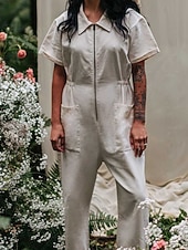 preiswerte Unterteile-Damen Normal Overall Streetwear Einfarbig Kurzarm Hemdkragen Reißverschluss Ausgehen Wochenende Normale Passform Blau Schwarz Rosa Sommer