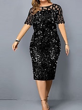 preiswerte Teelänge-Kleid Brautmutter Kleid Elegant Rundhalsausschnitt Tee Länge Spitze Kurzarm mit Pailletten