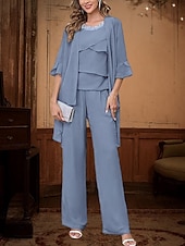 economico Tailleur pantalone della mamma-Completo  Abito da Pantaloni 3 Pezzi Abito Elegante per la Madre della Sposa Semplice Minimalista Collo a Giro Lunghezza Terra Lunghezza Caviglia Chiffon Maniche Mezza con Cristalli Ruches Scendenti
