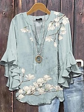 economico Top a Righe e Geometrici per Donne-Blusa da Donna con Maniche a Ruffle a Strati Grafica Floreale A Righe Giornaliera Stile Elegante Casual Maniche a 3/4 Collo a V Maglietta Regolare Abbigliamento Estivo Primaverile per Vacanze Stampa