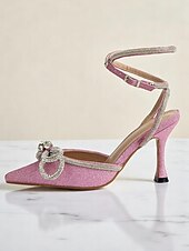 levne koktejl-Dámské růžové třpytivé boty na podpatku s páskem přes kotník a mašlemi z kamínků - elegantní boty se špičatou špičkou na koktejlové večírky a večerní akce