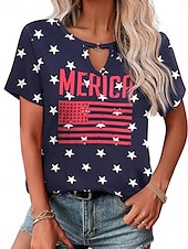 voordelige Onafhankelijkheidsdag Top-Vrouwen Blouse Vlag Stijlvol Casual Korte Mouw Crewneck Regelmatige Tops Dagelijks Print Zwart Rood Marineblauw Zomer