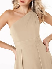 abordables Robes de demoiselle d&#039;honneur-Ligne A Robe de Demoiselle d&#039;Honneur  Une Épaule Sans manches Élégant Longueur au sol Chiffon avec Plis / Fronces 2022