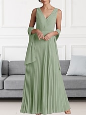 abordables Longueur du plancher-Ligne A Robe de Mère de Mariée  robe demoiselle d honneur Élégant Col en V Longueur au sol Chiffon Sans manches Echarpe incluse avec Perlage Fronces 2025
