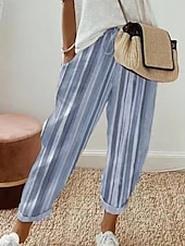 economico Pantaloni in cotone e lino con grafica-Per donna Pantaloni in cotone e lino Pantaloni Eleganti Casual Lunghezza intera Naturale A righe Tasca Design con Coulisse Elastica All&#039;aperto Confortevole Streetwear Uscire Bianco Blu Cachi Estate