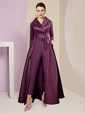 abordables Combinaisons pour maman-Combinaison  Tailleur Mère de la Mariée Tuxedo Invité de Mariage Élégant Party Simple Col Chemise Longueur Cheville Satin Manches 3/4 avec Nœud(s) 2025 taille personnalisée gratuite