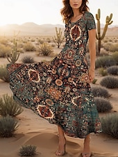 tanie Sukienki boho-Damskie Sukienka maxi Codzienne sukienki Sukienka A line Letnie sukienki Urlop Zabytkowe Etniczne Regularny Graficzny Geometryczny Boho Paisley Damask Krótki rękaw Kwadratowy dekolt Żółty Niebieski