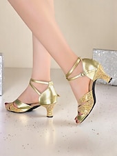 ieftine Pantofi Dans Latin-Pantofi de dans de salon argintii strălucitori pentru femei, cu toc jos, sandale de dans latino pentru salsa, pentru bal și dansatoare profesioniste