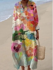 abordables Robes Rayés et Géométriques-Femmes Robe Midi Robe d&#039;Été Robe trapèze Vacances Occasionnel Boho Soirée Sortir Plage Fleuri Graphique manche longue Col en V Rose Claire Blanche Vert Claire Rose Claire Été Printemps