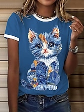 billige Dyrene tee-Dame T skjorte Grafisk Dyr Katt Årgang Stilfull Klassisk Kortermet Crew-hals Rund hals Vanlige topper Daglig Helg Trykt mønster Svart Hvit Blå lysegrå Sommer Vår