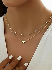 abordables Collier pour femme-Ensemble collier et bracelet pendentif cœur en or pour femme – chaîne délicate à plusieurs niveaux avec perles, bijoux romantiques élégants pour cadeaux, mariages et usage quotidien