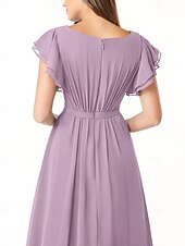 baratos Vestidos para Madrinhas-Vestido de dama de honra em corte A, gola redonda, manga longa, elegante, longo, chiffon com pregas / franzido 2025