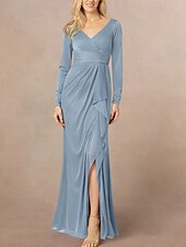 abordables Longueur du plancher-Sirène / Trompette Robe de Mère de Mariée  robe demoiselle d honneur Élégant Col en V Longueur au sol Chiffon manche longue avec Volants Devant Fendu Fronces 2025