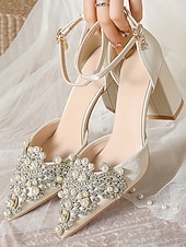 cheap Bride-Women's Pearl and Rhinestone Block Heels – Pointed-Toe Satin Bridal Wedding Pumps – Elegant Ivory High Heels