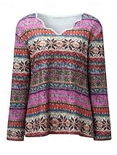 voordelige Boho Tops-Dames Blouse Bloem Modern Boho Lange mouw V-hals Normale tops Feestdagen Uitgaan Afdrukken blauw Paars Oranje Zomer