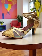 ieftine Pantofi Dans Latin-Pantofi de dans negri cu buline și accente aurii pentru femei - tocuri profesionale pentru dansuri latino cu bareta la gleznă pentru artiști și antrenamente de dans