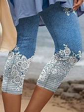 billiga Blå 3D-utskrift-Damleggings Capri-byxor 3D-print hög elasticitet semester retro mode vadlängd hög midja blommig grafisk geometrisk andningsbar mjuk stretchig formell semester kontor robin&#039;s egg blå