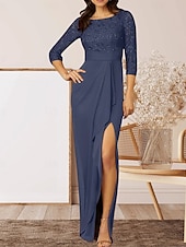 cheap Floor Length-Mermaid / Trumpet Mother of the Bride Dress Wedding Guest Elegant Sparkle &amp; Shine Crew Neck Floor Length Chiffon Lace 3/4 Length Sleeve with Lace Ruffles Split Front