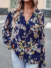 billige Boho topper-Dame Boho skjorte Bluse Blomsternål i krystall Moderne Bohem Langermet V-hals Vanlige topper Daglig Ut på byen Trykt mønster Svart Navyblå Blå Aprikos Sommer
