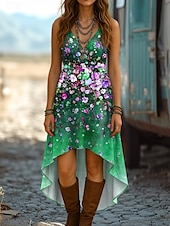 economico Abiti Floreali Stampati-Per donna Abito Midi Abito a trapezio Abito Estivo Casual Boho Uscire Spiaggia Vestibilità regolare Ombre Floreale Grafico Senza Maniche Scollo a V Rosso Blu Viola Verde Estate Primavera