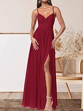 abordables Robes de demoiselle d&#039;honneur-Robe de demoiselle d&#039;honneur trapèze, col en V, sans manches, élégante, longueur au sol, en mousseline extensible avec plis / devant fendu / froncé 2025