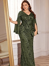 economico VERDE-Abiti Plus Size Sirena  Tromba Elegante Abito Curvilineo Formale Matrimonio Lunghezza Piena a Manica Lunga con Scollatura a V in Paillettes con Paillettes