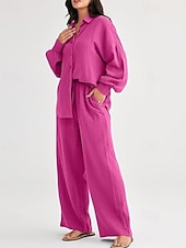 abordables Ensembles-Femmes Actif Mode Chemises en coton et lin Ensembles en coton et lin Chemisier manche longue Col de chemise Couleur Unie Dubbele Rij Knopen Fête Décontracté Quotidien Noir Ivoire Vin Été Coupe