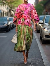 billige Elegante blomsterkjoler-Dame Midikjole Floral kjole Print kjole Elegant Mote utendørs Feriereise Ut på byen Normal Blomsternål i krystall Halvlange ermer Crew-hals Rosa Fersken Grønn Mørkeblå Sommer