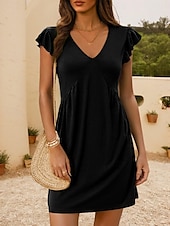 abordables Robe Simple-Robe courte pour femmes robe d&#039;été unicolore décontractée quotidienne plage ajustement ample graphique sans manches col en V noir bleu marine vert kaki été printemps